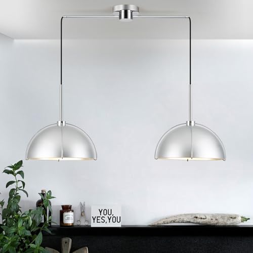 Silver Dome Pendant Light 2 Light Socket Large Pendant Light Fixture with Adjustable Pendant Cord Modern Pendant Lighting for Kitchen Island Dining Room Kitchen Sink
