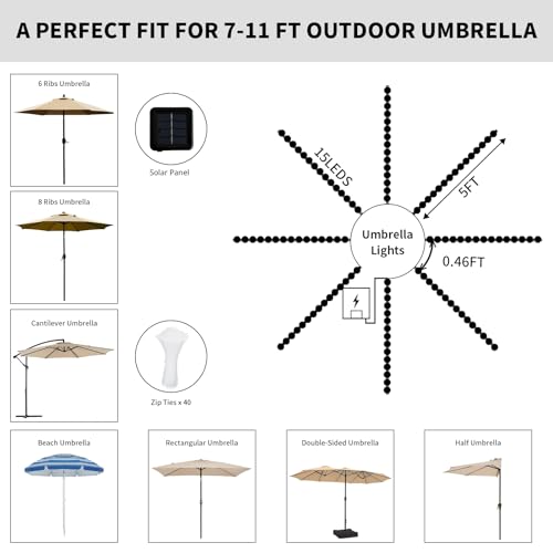 Patio Umbrella Lights 120 LED Cordless Waterproof Lights for Outdoor Umbrella Solar Powered Parasol Ambient Lighting for 7