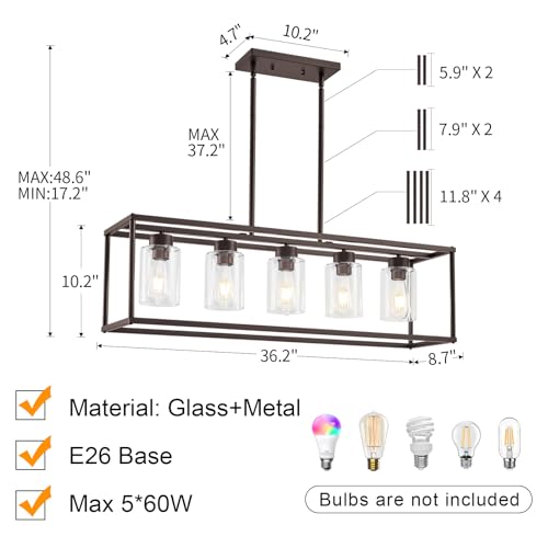 5 Light Oil Rubbed Bronze Dining Room Light Fixture Modern Farmhouse Chandelier Over Table Rectangle Kitchen Island Pendant Lighting Linear Chandelier Living Room Hanging Light Adjustable Height