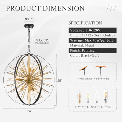 24" 12 Light Black Gold Sputnik Chandelier Modern Hanging Light