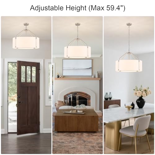 23Inches Large Drum Chandelier with Metal and White Linen Fabric Shade
