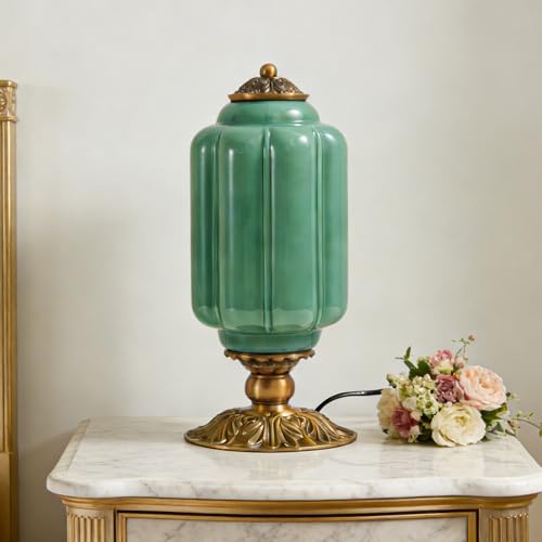 Vintage Green Milk Glass Table Lamp with Antique Metal Base