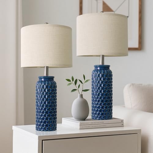 24 inches Modern Ceramic Dark Blue Bedside Lamp Set of 2 for Bedroom Decor Farmhouse Table Lamp for Living Room Office Dorm (2 Count)