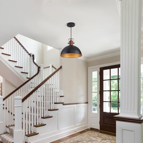 12 Inch Black Pendant Lights Hammered Matte Pendant Lights for Kitchen Island Industrial Farmhouse Adjustable Height Dome Hanging Light Fixtures for Barn (2 Count)