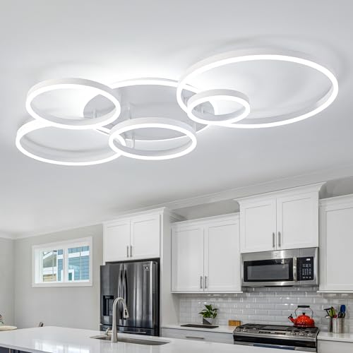 Modern LED Ceiling Light White Flush Mount Ceiling Lights Fixtures Dimmable 47" Dining Room Light Fixture with Remote 6 Rings Kitchen Lighting Fixtures Ceiling Lamp for Bedroom
