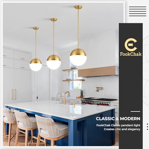 10in Glass Gold Pendant Light Globe Mid Century Modern Kitchen Island Pendant Lighting Brass Frosted Glass Hanging Light Fixtures Milky White Ball Pendant Lights for Dining Room Entry Bathroom
