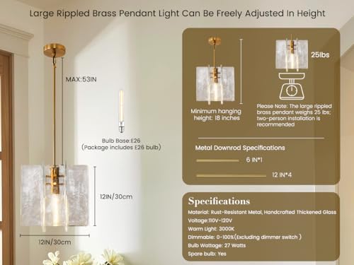 Modern Large 12 in Brass Water Ripple Glass Kitchen Island Pendant Light Fixtures