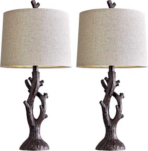 25" Farmhouse Table Lamp Set of 2 for Living Room Bedroom Resin Bedside Tree Lamp Nightstand End Table Lamps Vintage Natural Style (2 Count)