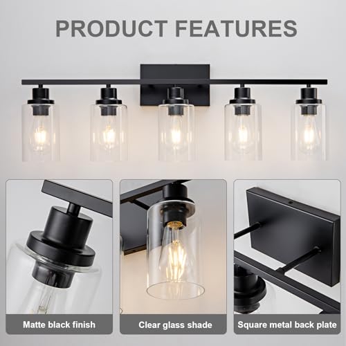 5 Light Bathroom Light Fixtures Black Vanity Light Over Mirror Modern Farmhouse Wall Lighting Sconces Wall Lamp for Bathroom