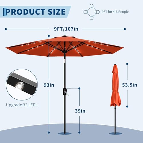 9FT Solar LED Patio Umbrella with Tilt & Crank