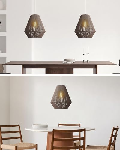 12” Woven Japandi Pendant Light for Kitchen Island Boho Hanging Lamp with Handwoven Rattan Basket Shade Adjustable Pendant Light Fixtures for Dining Room Bar Bedroom Foyer Hallway Dark Brown
