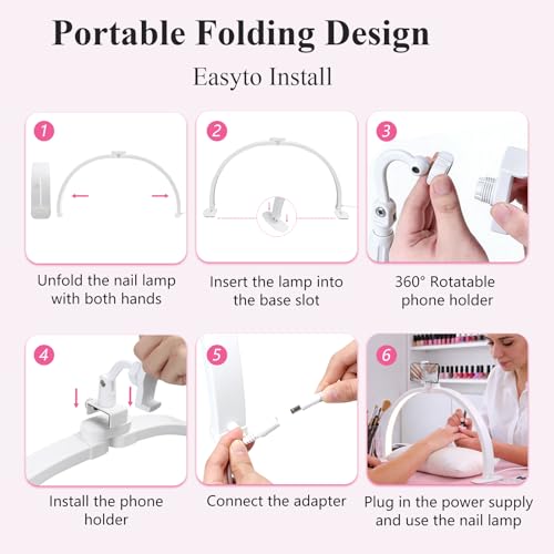 Half Moon Light for Nail Desk with Phone Holder 29" Foldable LED Nail Tech Light 3 Color Modes & 10 Brightness Half Moon Lamp for Manicure Table