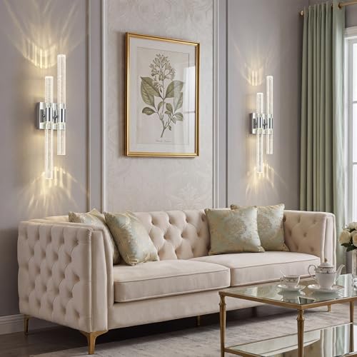 Crystal Wall Sconces Set of Two Chrome Wall Sconce Hardwired LED Bathroom Vanity Light Fixtures 21.25in 4000K Vertical and Horizontal Wall Mounted Sconces for Bedroom (2 Count)