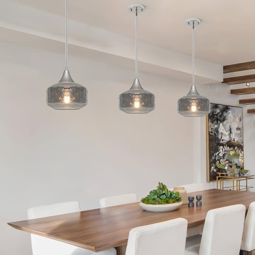 Chrome Pendant Lights Kitchen Island with Smoke Grey Glass over Kitchen
