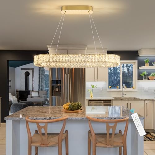 Modern Crystal LED Chandelier Dimmable Oval Chandeliers Rectangular Dining Room Light Fixture with Remote for Living Room Kitchen Island Gold