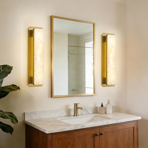 Alabaster Wall Sconces Set of Two Modern LED Wall Lights Natural Spanish Marble 20" Rectangular Wall Sconce Gold Wall Lamps for Bedroom Living Room Hallway Staircase