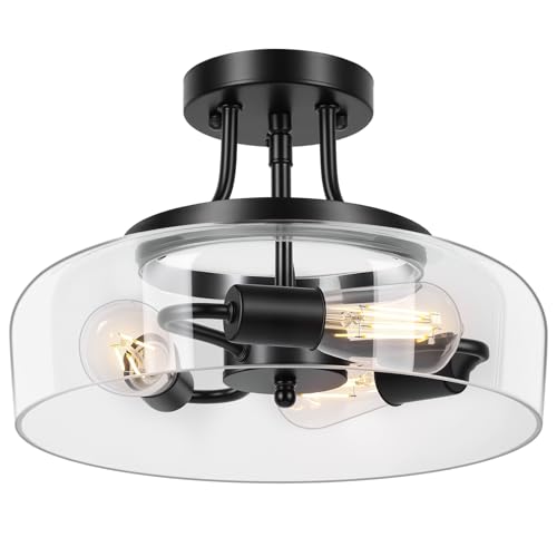 Modern Industrial Semi Flush Mount Ceiling Light with Clear Glass Shade