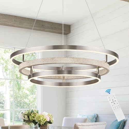 3 Ring LED Chandelier Modern Chandelier Weathered Wood Nickel Dimmable 24''