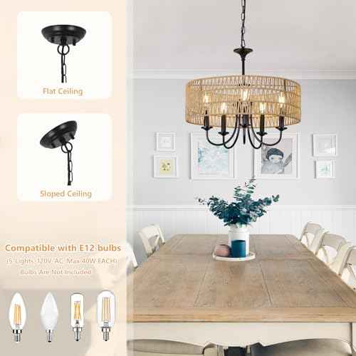 Modern Farmhouse Chandelier Light Fixtures, 5-Lights Large Rattan Pendant Lighting with Hand Woven Wicker Shade, Boho Black Chandeliers for Dining Room Living Room Kitchen Island Bedroom
