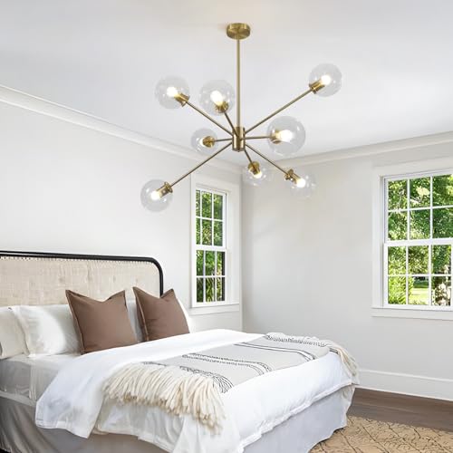 8 Lights Modern Large Gold Globe Sputnik Chandelier Contemporary Clear Glass Ball Bubble Chandelier Lighting Brass Sputnik Hanging Light Fixture Vintage Retro Pendant Lights Kitchen Island