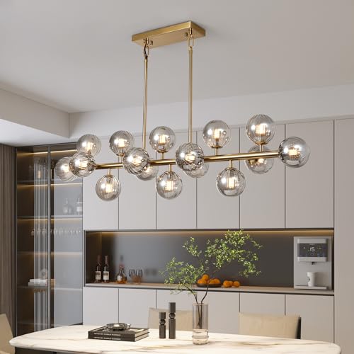 Brass Gold Rectangle Chandelier Modern Chandelier Smoke Grey Globe Glass Pendant Light Fixture Adjustable for Dining Living Room Kitchen Island Over Table 16