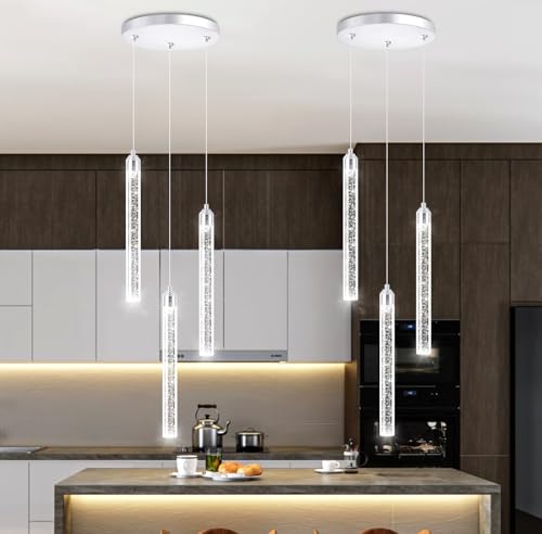 Mini Chandelier Crystal Pendant Lights Integrated LED Pendant Light Fixtures Kitchen Island Chandeliers Pendant Lighting for Dining Room Bubble Chromed Finished Ceiling Hanging Lights 2700K 6000K (3 Count)