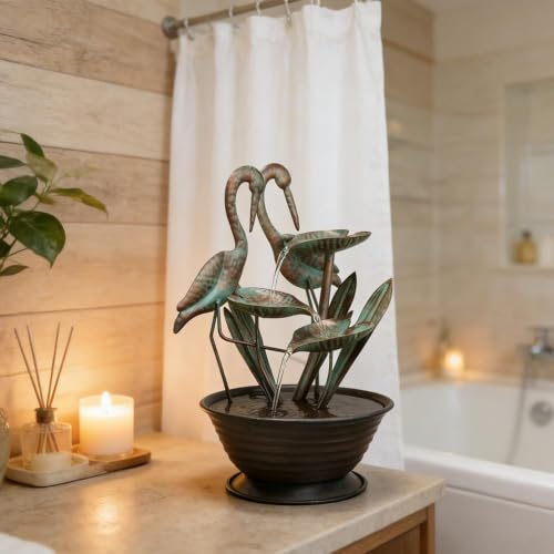 Tabletop Water Fountain with Standing Metal Crane for Home Decor