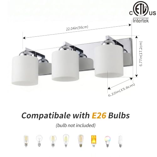 3 Light Chromed Bathroom Vanity Light with White Glass Shades