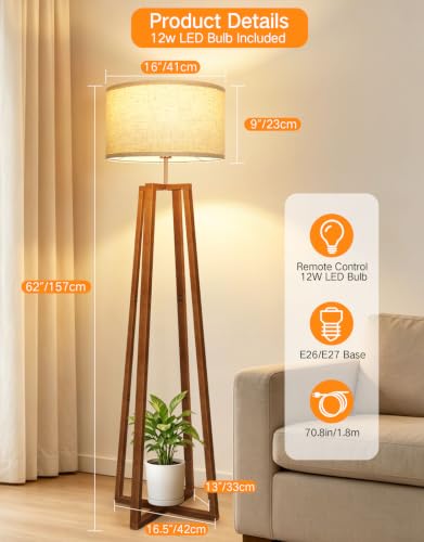 62" Mid Century Modern Vintage Lamps with Remote Control (Amber Walnut)