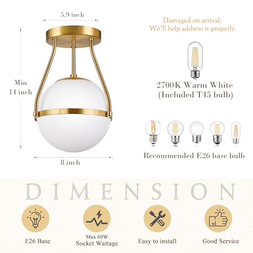 8 Inch Mid Century Ceiling Light Modern Semi Flush Mount Ceiling Light Fixture Globe Ceiling Light Fixture with Milk Glass Shade Brass Finish for Kitchen Island Hallway Living Room