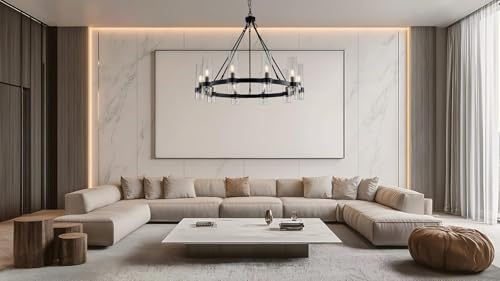 32 Inch Black Wagon Wheel Chandelier with Glass Shade
