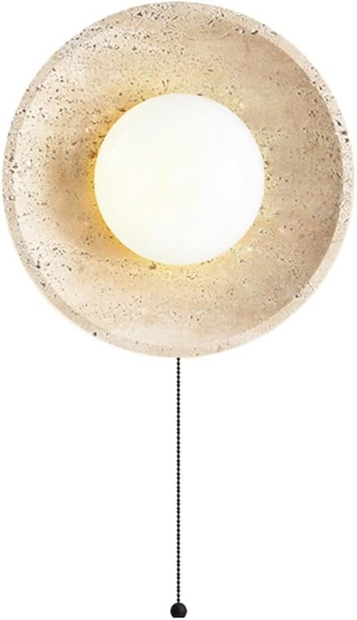 Japanese Wabi-Sabi Style Marble Wall Sconce, Retro Round Wall Light Yellow Travertine Indoor Wall Lamp, Natural Stone Wall Mounted Lamps with Pull Switch for Bedroom Living Room