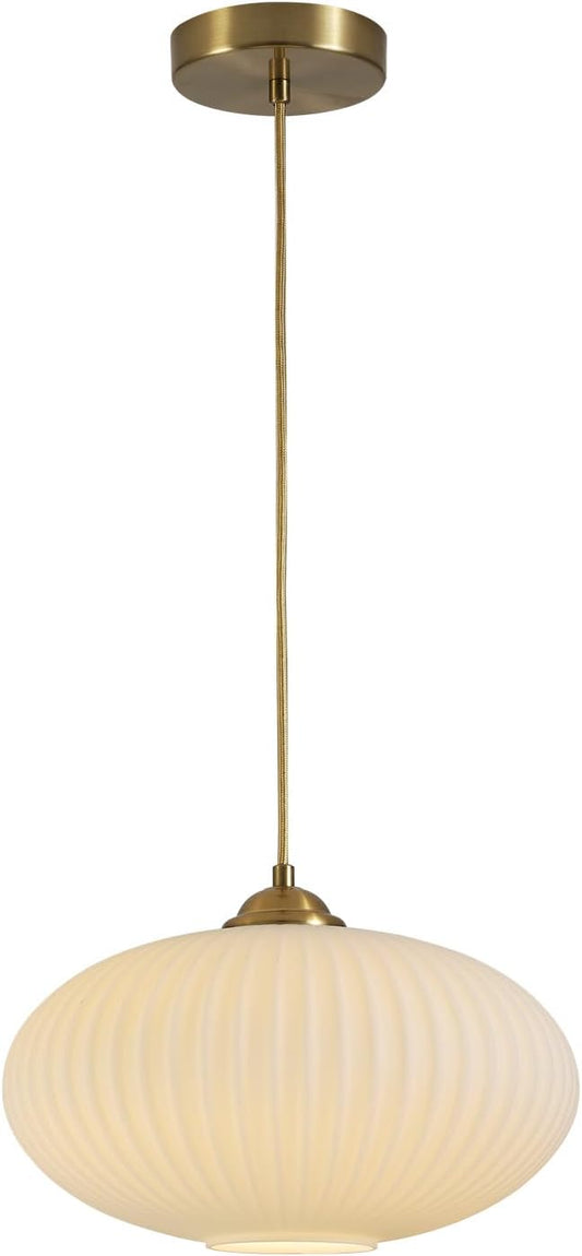 Mid Century Modern Gold Globe Pendant Light Antique Brass Pendant Lights Kitchen Island Large Milk Glass Pendant Light Ribbed Glass Ceiling Hanging Light for Living Room Dining Room