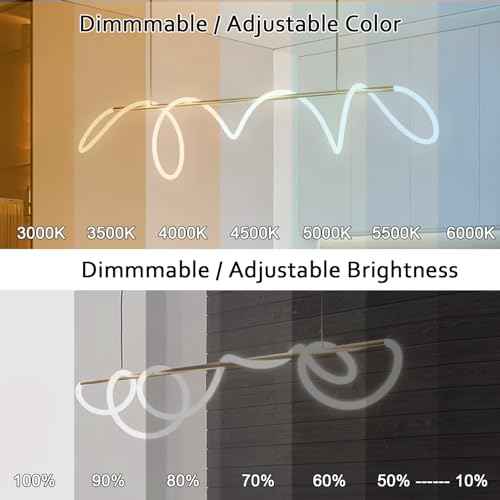Gold Pendant Light Kitchen Island Lighting 70.86inch Dimmable Modern Dining Room Pendant Light Over Table 3-Color LED Ceiling Hanging Pendant Chandelier Light Fixture with Soft Silicone Lamp Strip