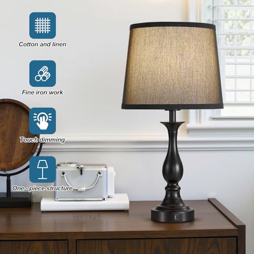 Bedside Table Lamp Touch Control Bedroom Lamps with USB A + C Charging Port 3 Way Dimmable Touch Lamps for Nightstand Living Room Bedroom Dorm Home Office Reading (2 Count)