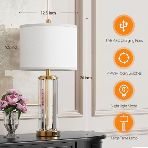 Gold Table Lamps for Bedroom Set of 2 with Nightlight