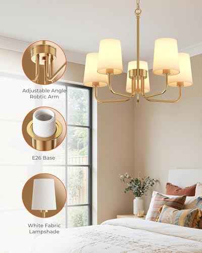 Chandeliers for Dining Room, 5-Light Gold Chandelier Light Fixture, E26 Base-Dining Room Light Fixtures Over Table with White Shade, Farmhouse Chandelier for Bedroom Living Room Foyer Entryway
