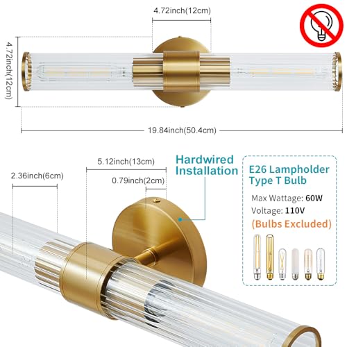 Hardwired Gold Bathroom Vanity Light Threaded Glass Wall Sconce
