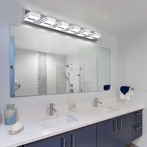 Modern Bathroom Light Fixtures 6 Light LED Vanity Lighting Bar 41 Inch Wall Lights above Mirror 36W Mirror Light Fixtures Chrome Bath Lamps 6000K Restroom Sink Light Long Vanity Sconces Lights (6 Count)