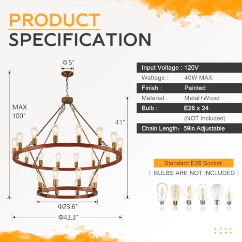 Farmhouse Large Wagon Wheel Chandelier 43" 2 Tier Rustic Gold Chandelier