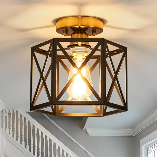 Black and Gold Modern Farmhouse Metal Semi Flush Mount Ceiling Light 9.5 in