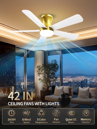 42 Inch White Gold Low Profile Ceiling Fan with Light and Remote (Gold White / 42 Inch)