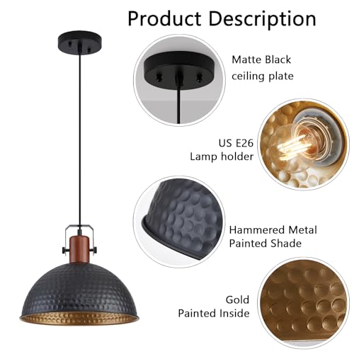 12 Inch Black Pendant Lights Hammered Matte Pendant Lights for Kitchen Island Industrial Farmhouse Adjustable Height Dome Hanging Light Fixtures for Barn (2 Count)