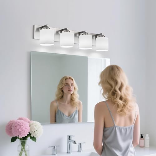 4 Light Brushed Nickel Bathroom Vanity Light with White Glass Shades