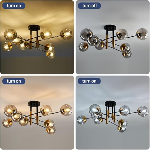 8 Light Sputnik Chandelier with Glass Globe Mid Century Modent Black Gold Ceiling Light Fixture Large Flush Mount Chandelier for Dining Room Bedroom Living Room Kitchen