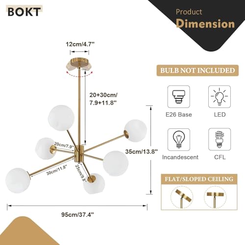6 Lights Modern Sputnik Chandeliers Globe Light Fixture Farmhouse Milk Glass Pendant Lights Kitchen Island Gold and White Sputnik Hanging Light Vintage Brushed Brass Ball Chandelier