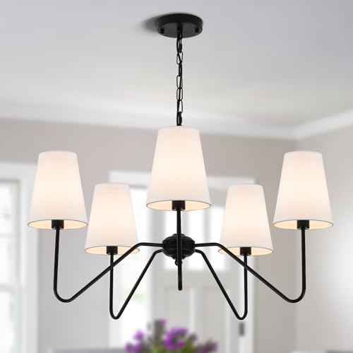 5-Arm Chandelier, 30" Modern Pendant Light with White Shade | Height Adjustable, E12 Bulb Base, Ideal for Kitchen Island Dining Room Over Table Living Room