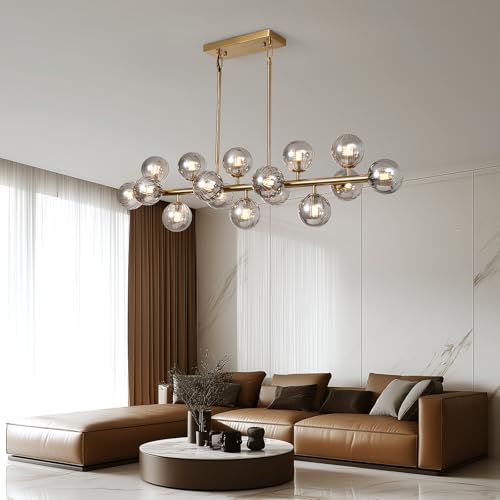 Brass Gold Rectangle Chandelier Modern Chandelier Smoke Grey Globe Glass Pendant Light Fixture Adjustable for Dining Living Room Kitchen Island Over Table 16