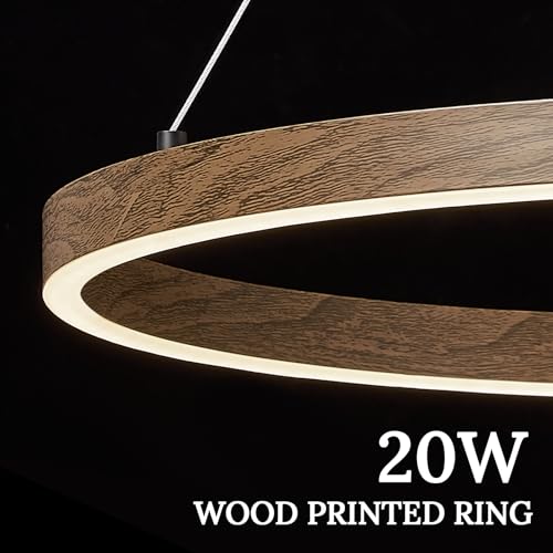 12in LED Ring Chandelier Wood Grain Modern Dimmable Pendant Light