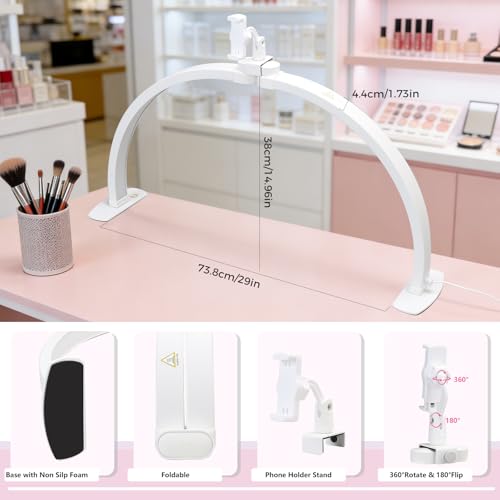 Half Moon Light for Nail Desk with Phone Holder 29" Foldable LED Nail Tech Light 3 Color Modes & 10 Brightness Half Moon Lamp for Manicure Table